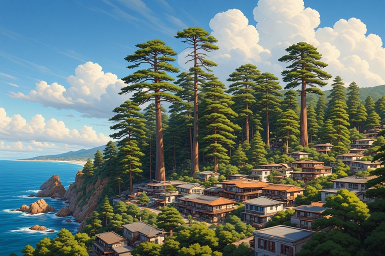 oil painting of fictional coastal town